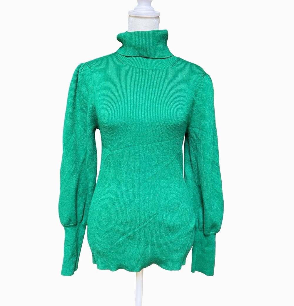 Ann Taylor Green Turtleneck Tight-Knit Stretch Pullover Balloon Sleeve Womens L